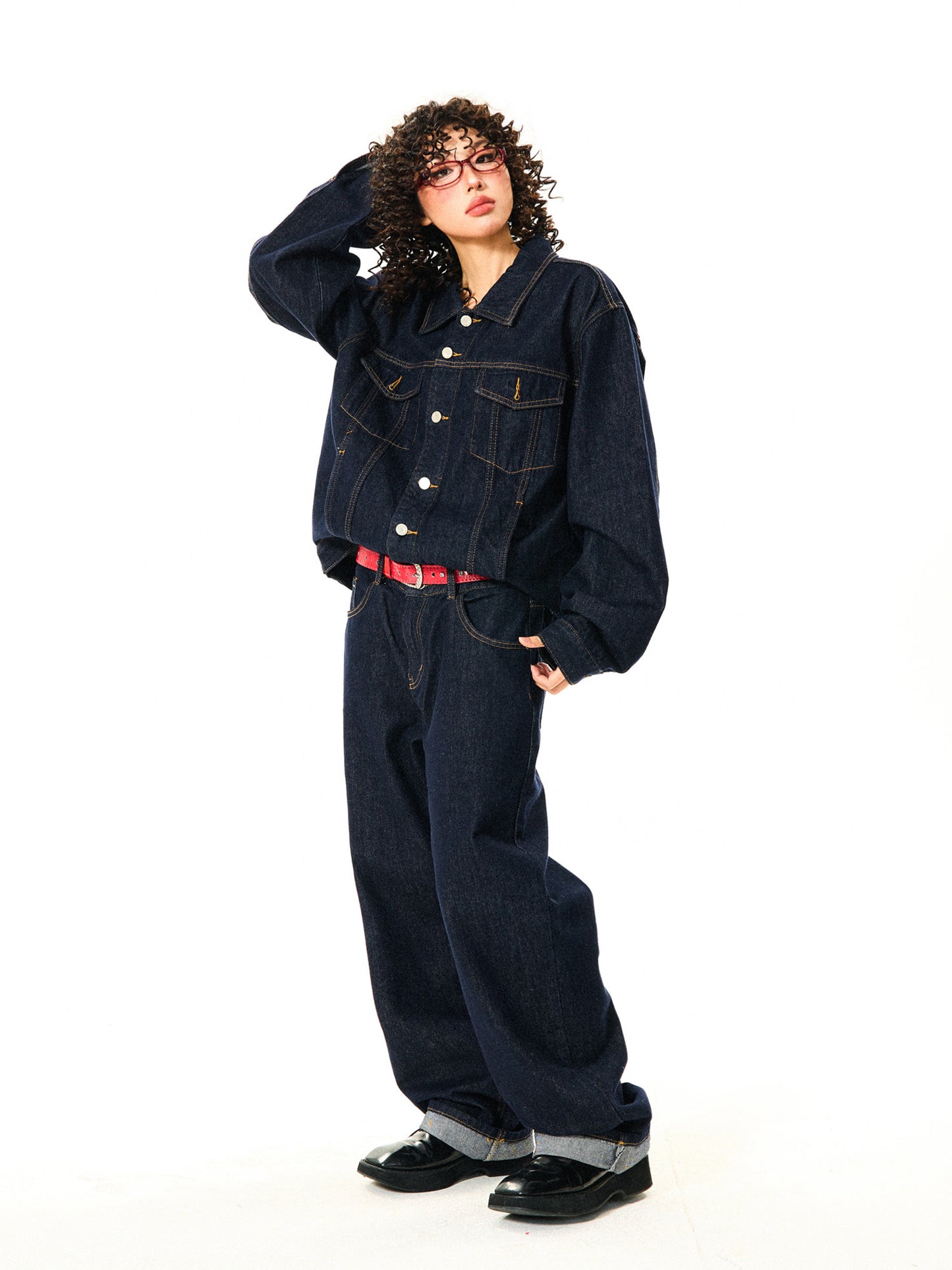 Button Oversize Denim Jacket & Wide Leg Denim Jeans Setup NA9368