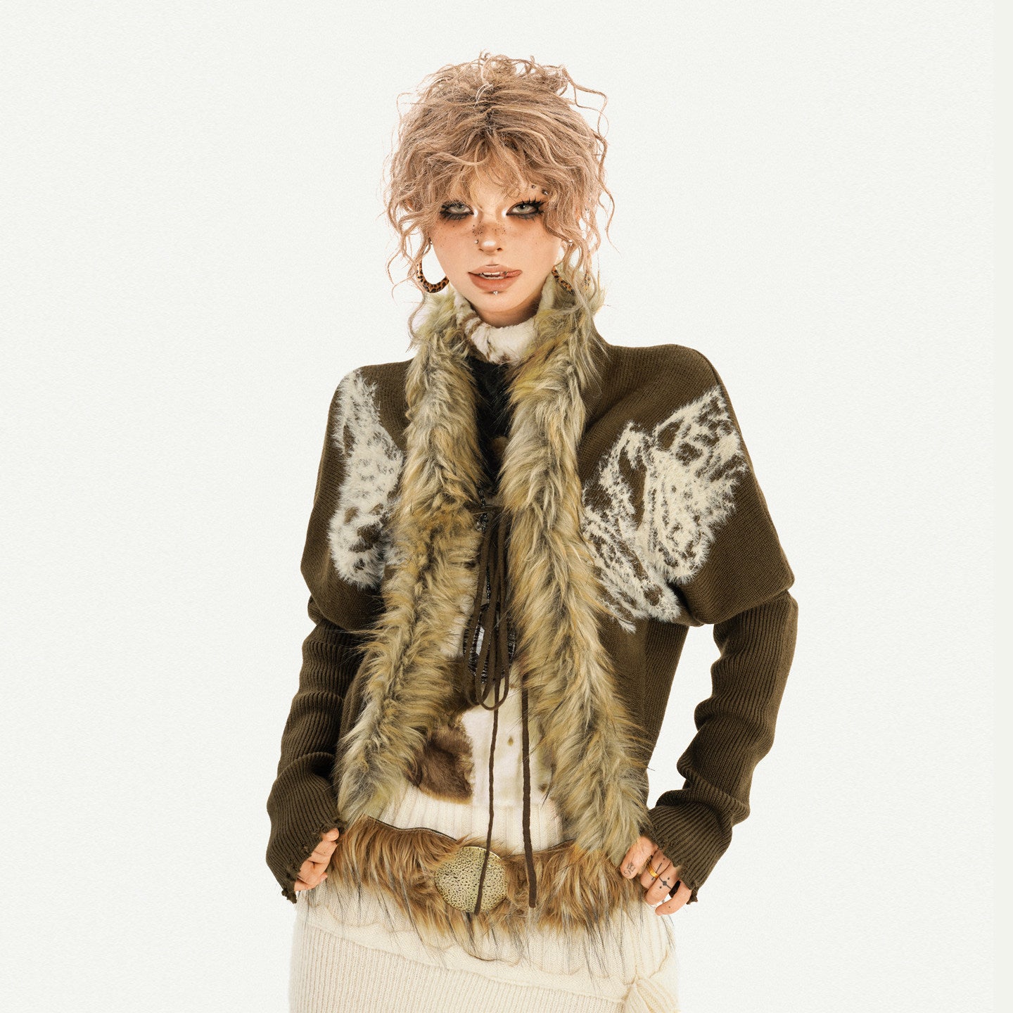 Original Design Batwing Sleeve Fake Fur Collar Knit Cardigan NA8622