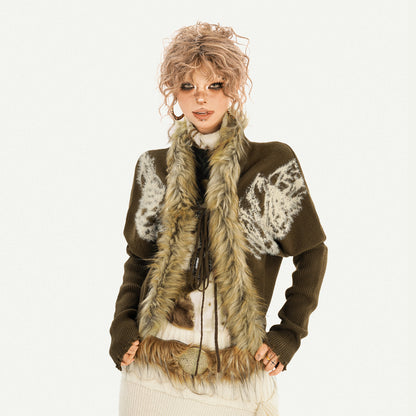 Original Design Batwing Sleeve Fake Fur Collar Knit Cardigan NA8622