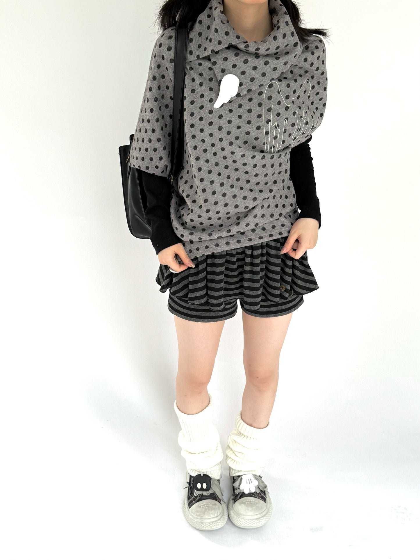 Asymmetric Polka Dot Fitted Long Sleeve T-Shirt NA9293