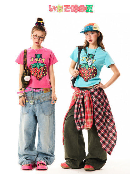 Strawberry Print Cropped Short Sleeve T-Shirt NA9326