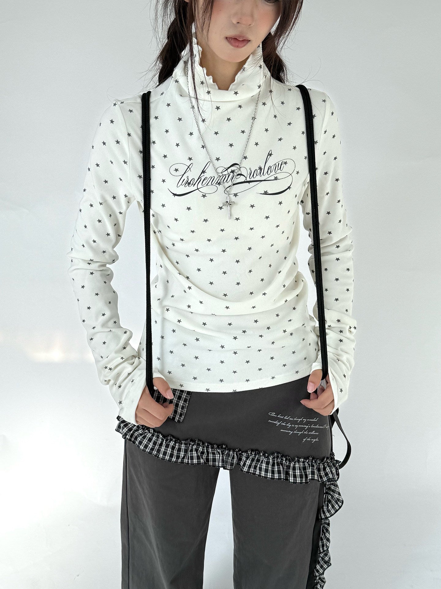 Polka Dot Print High-Neck Long Sleeve T-Shirt NA9255