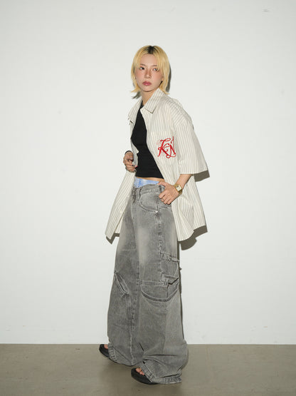 Washed Panel Cargo Pocket Wide Leg Denim Jeans NA9108