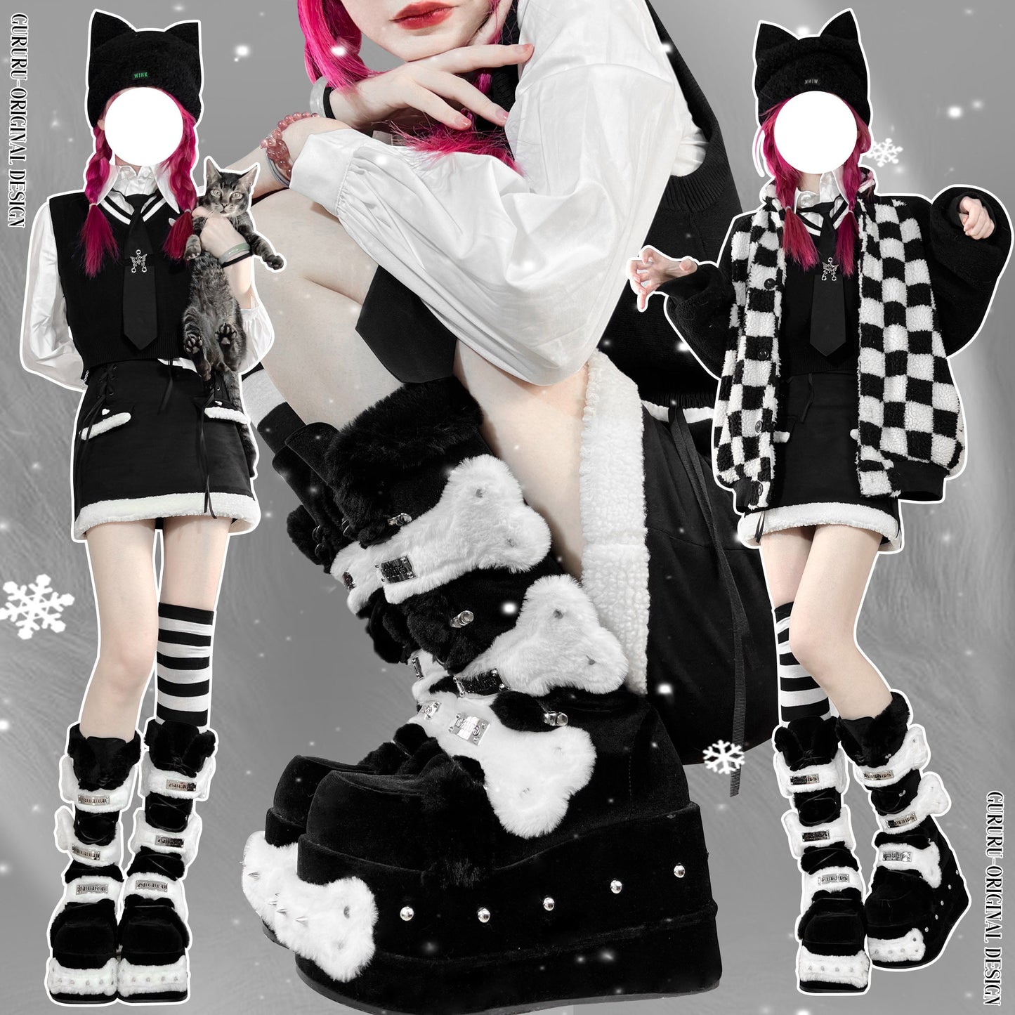 Y2K Rivet Fake Fur Platform Long Boots NA8485