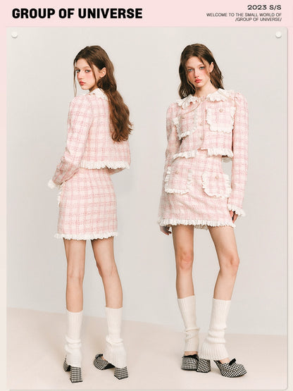 Lace Checkred Cropped Jacket & Short Lace Skirt Setup NA5870