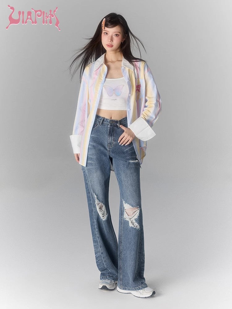 Damaged Wide-Leg Straight Denim Jeans NA4933