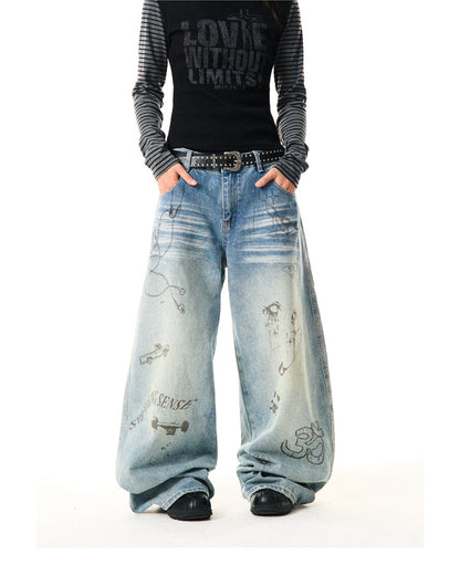 Washed Graffiti Print Wide Leg Denim Jeans NA9380