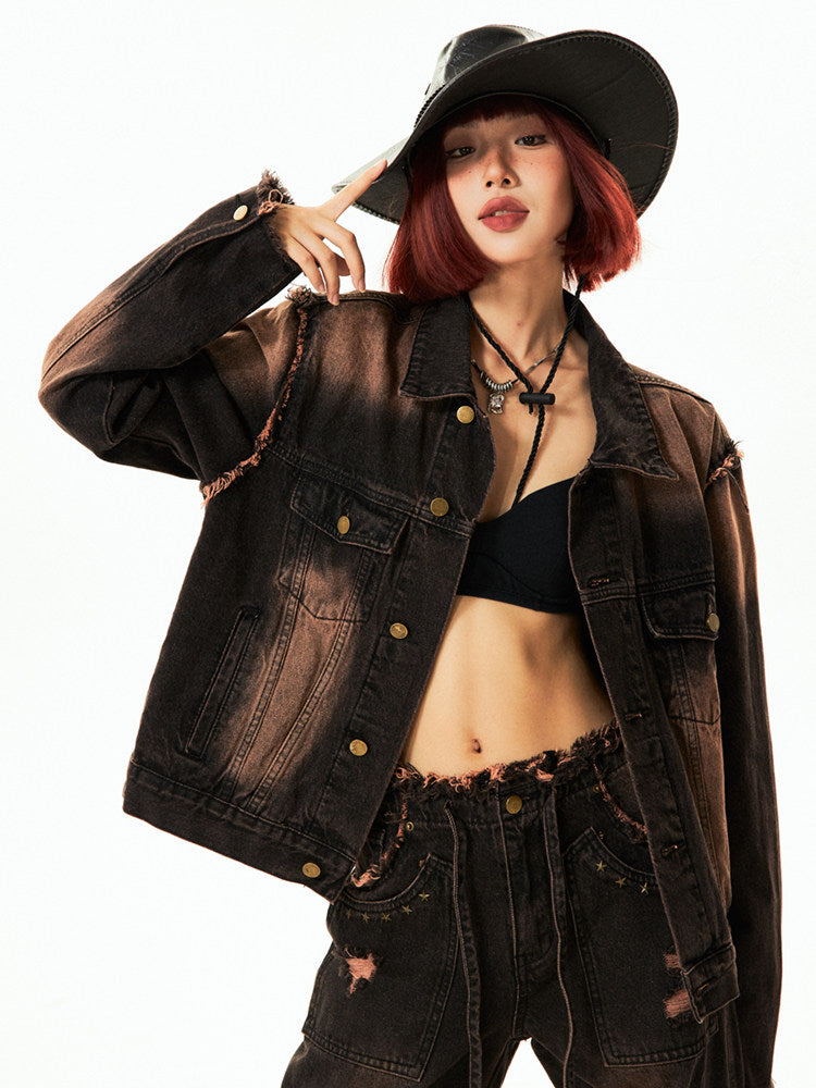 Washwd Damage Denim Jacket & Damage Wide Leg Denim Jeans Setup NA9431
