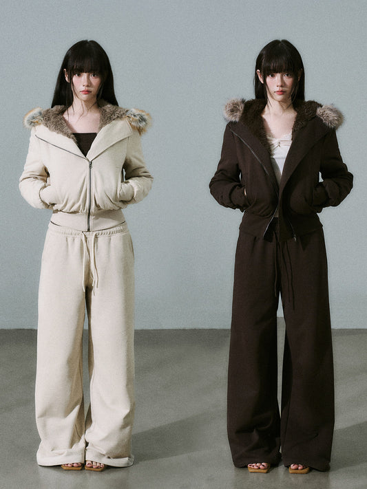 Fake Fur Hooded Zip-Up Jacket & Seatpants Setup NA8846
