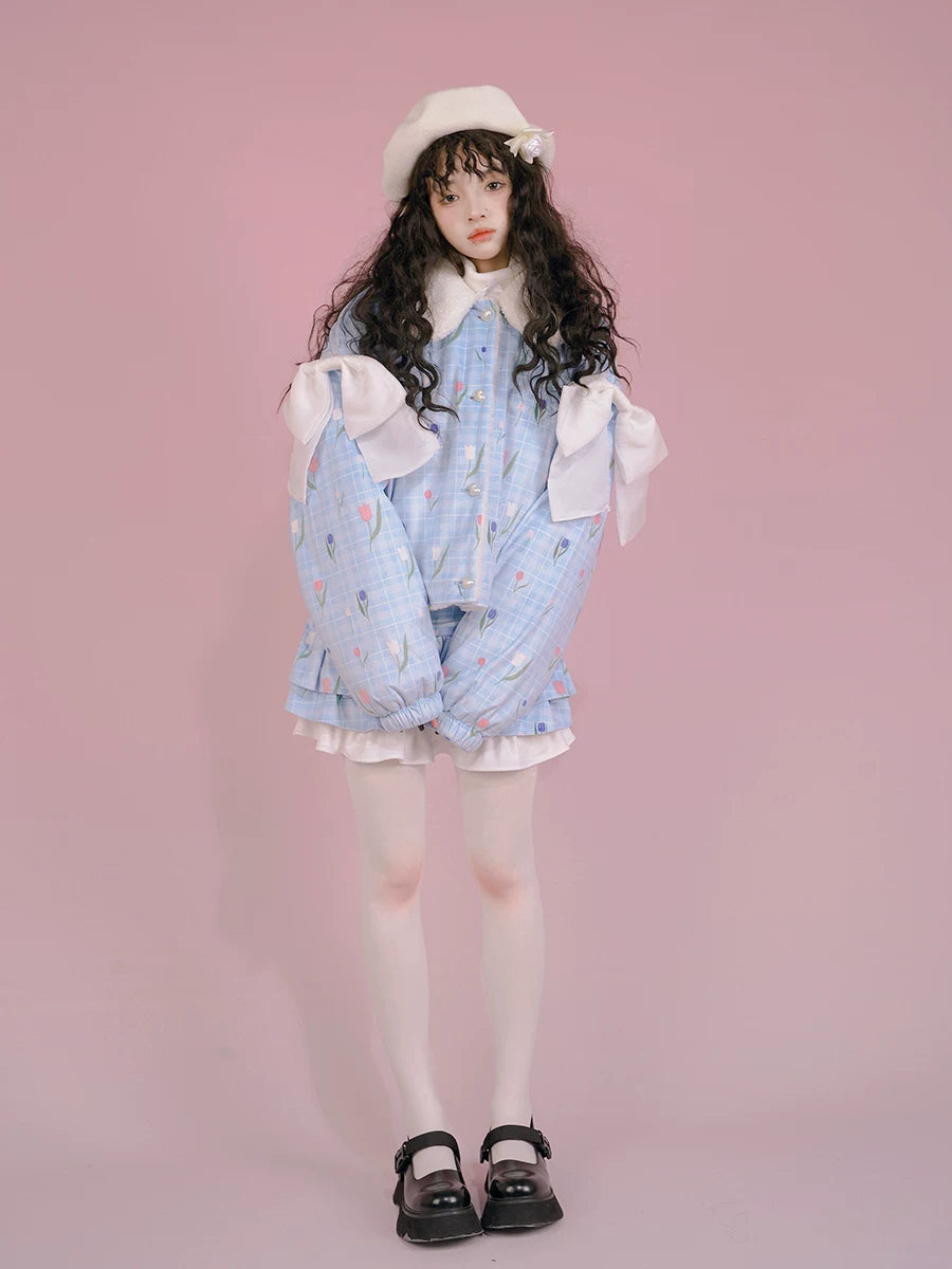 Flower Print Bow Fleece Lining Puffer Jacket NA8271