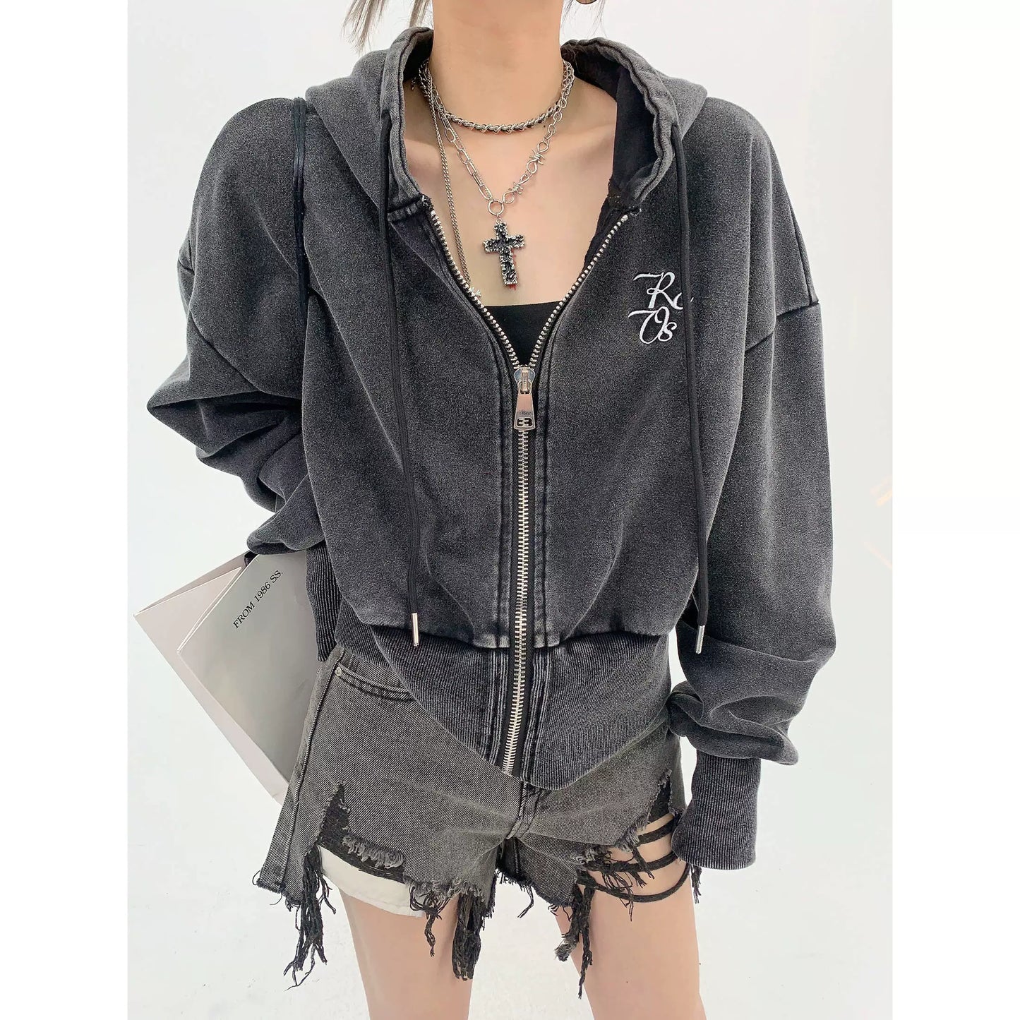 Logo Embroidery Zipper Short Hoodie NA2780