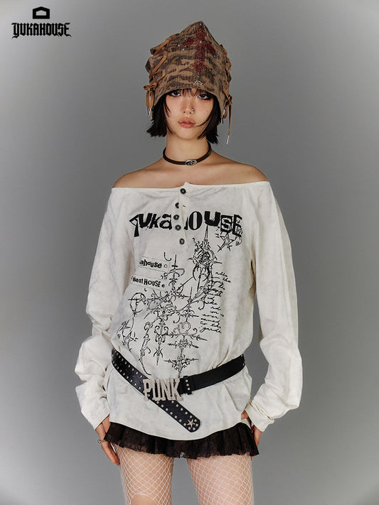 Off-Shoulder Graphic Print Button Long Sleeve T-Shirt NA9226