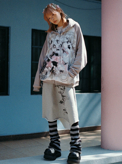 Rabbit Print Oversize Zipper Hoodie NA6608