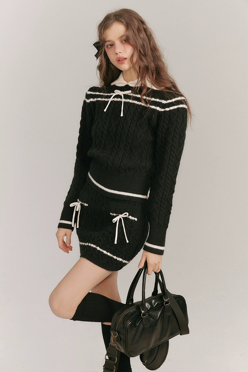 Bow Contrast Knit Sweater & Knit Short Skirt Setup NA5857