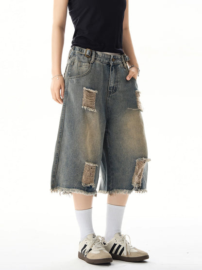 Damaged Wide Leg Denim Shorts NA3186