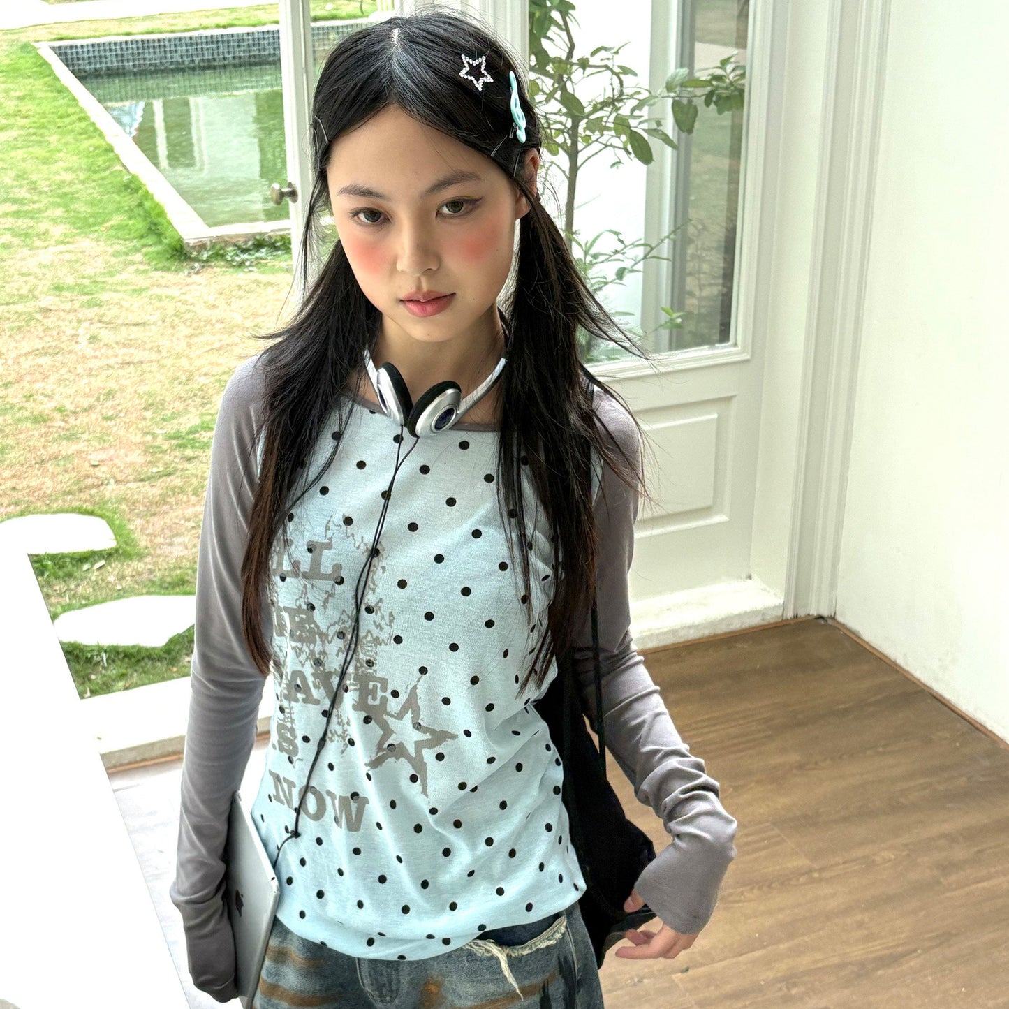 Polka Dot Letter Print Fake Layered Fitted Long Sleeve T-Shirt NA9295