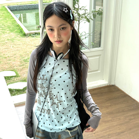Polka Dot Letter Print Fake Layered Fitted Long Sleeve T-Shirt NA9295