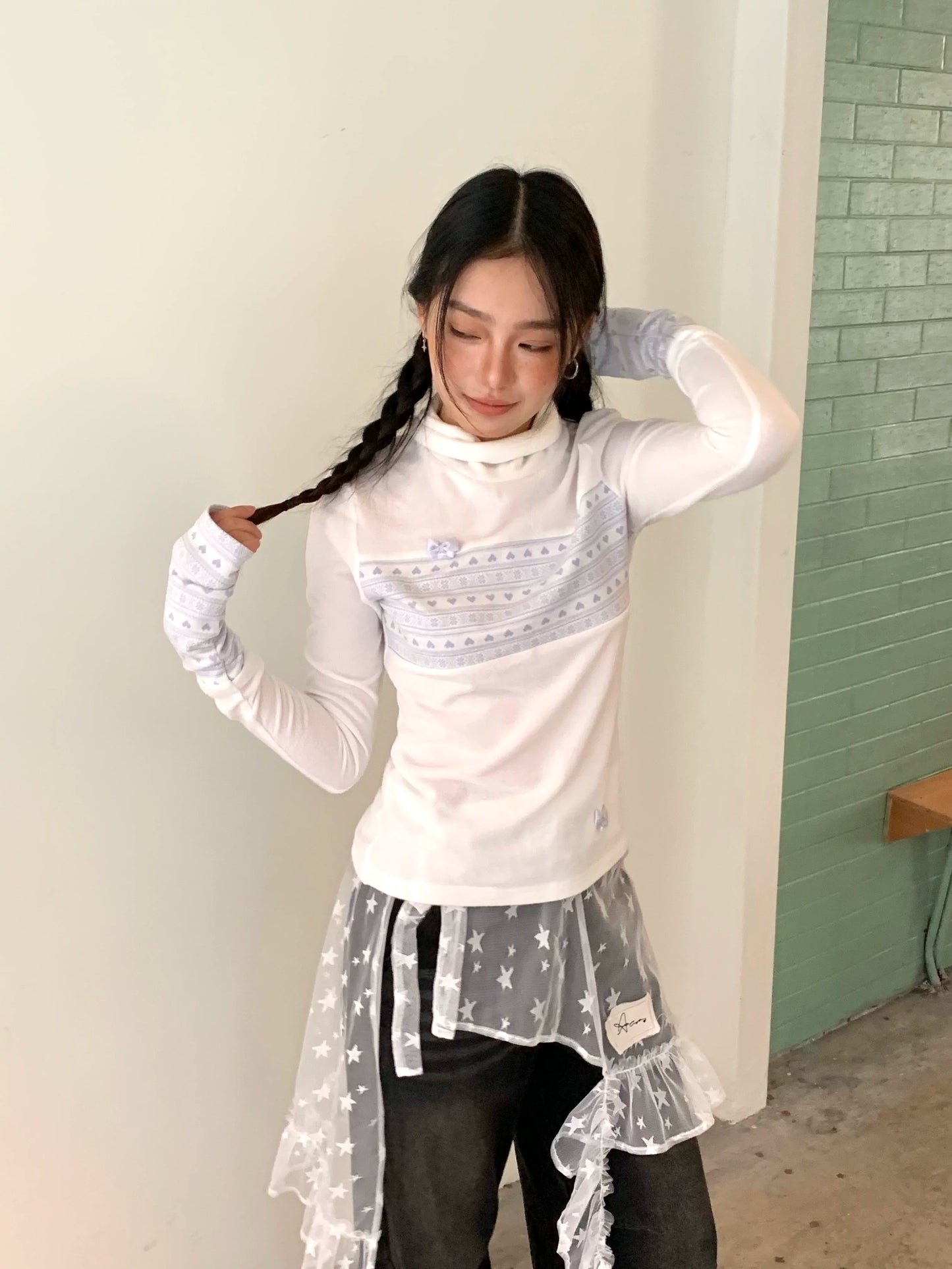 NA9268 Kasugano Great value reward! Star mesh gauze label skirt bib layered lace lace skirt loose skirt NA9268