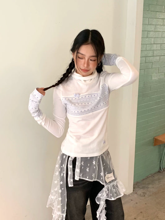 NA9268 Kasugano Great value reward! Star mesh gauze label skirt bib layered lace lace skirt loose skirt NA9268