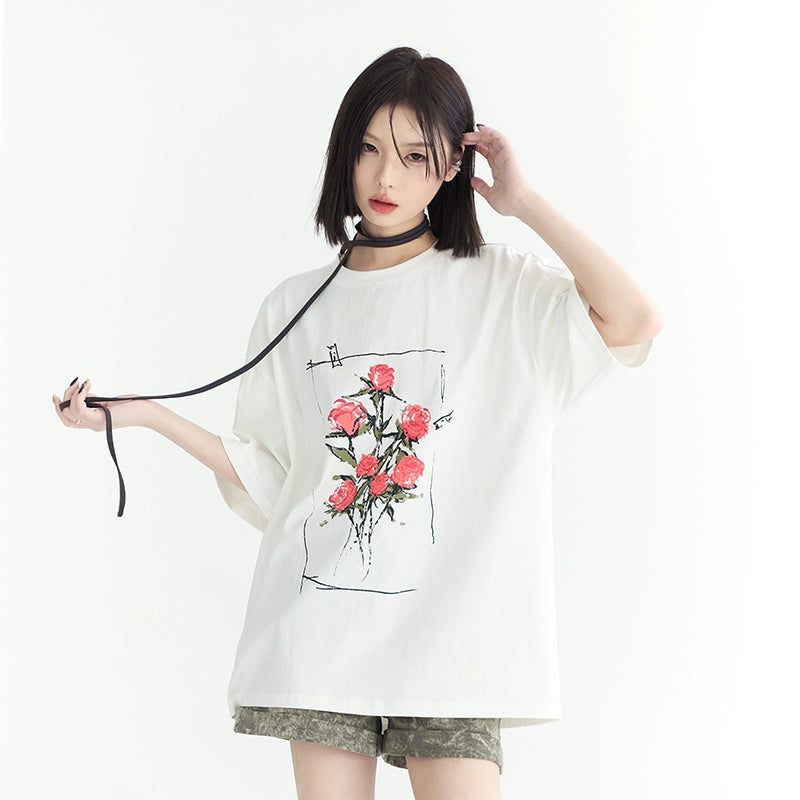 Rose Print Oversize Short Sleeve T-Shirt NA2741