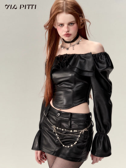 Bubble Sleeve One Shoulder Leather Blouse & Short Skirt  Setup NA4785