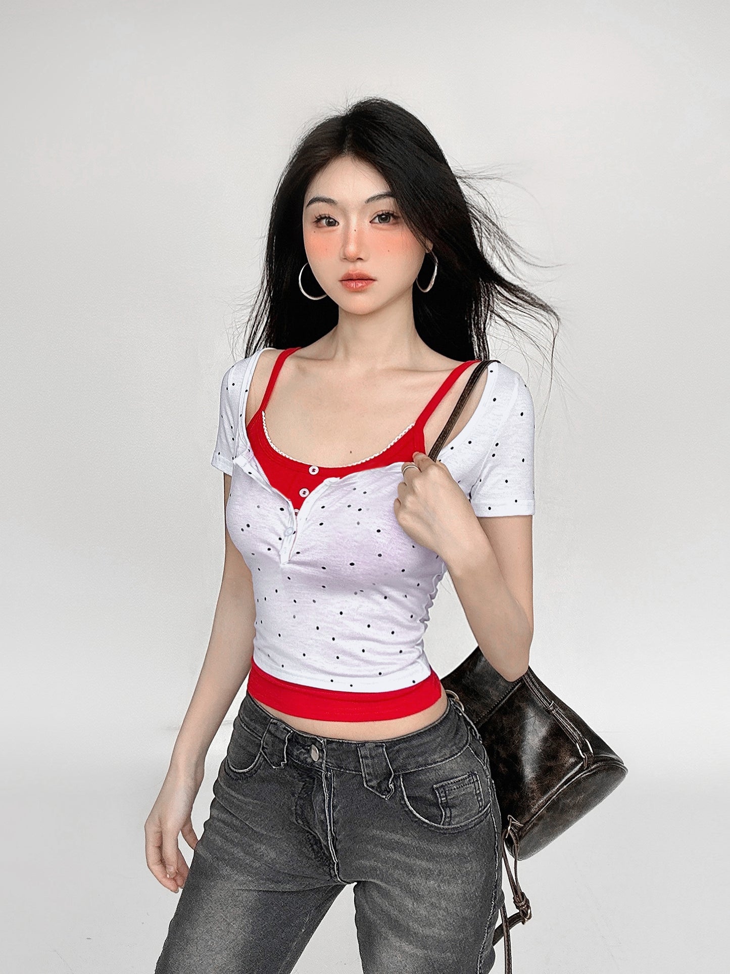 Polka Dot Button Fake Layered Short Sleeve T-shirt NA4552