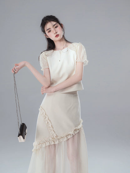 Chiffon Short Sleeve Shirt & Ruffle Skirt Setup NA5546