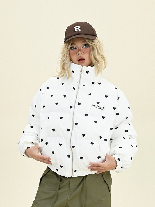 Allover Heart Print Standing-Collar Puffer Jacket NA6192