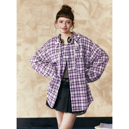 Oversize Checkered Hooded Shirt Jacket NA2526