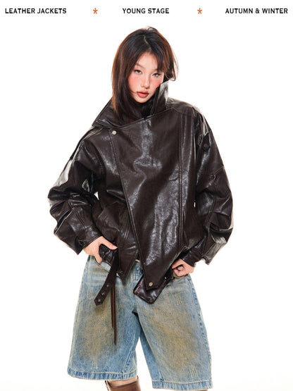 Asymmetrical Stand Collar PU Leather Jacket NA9417