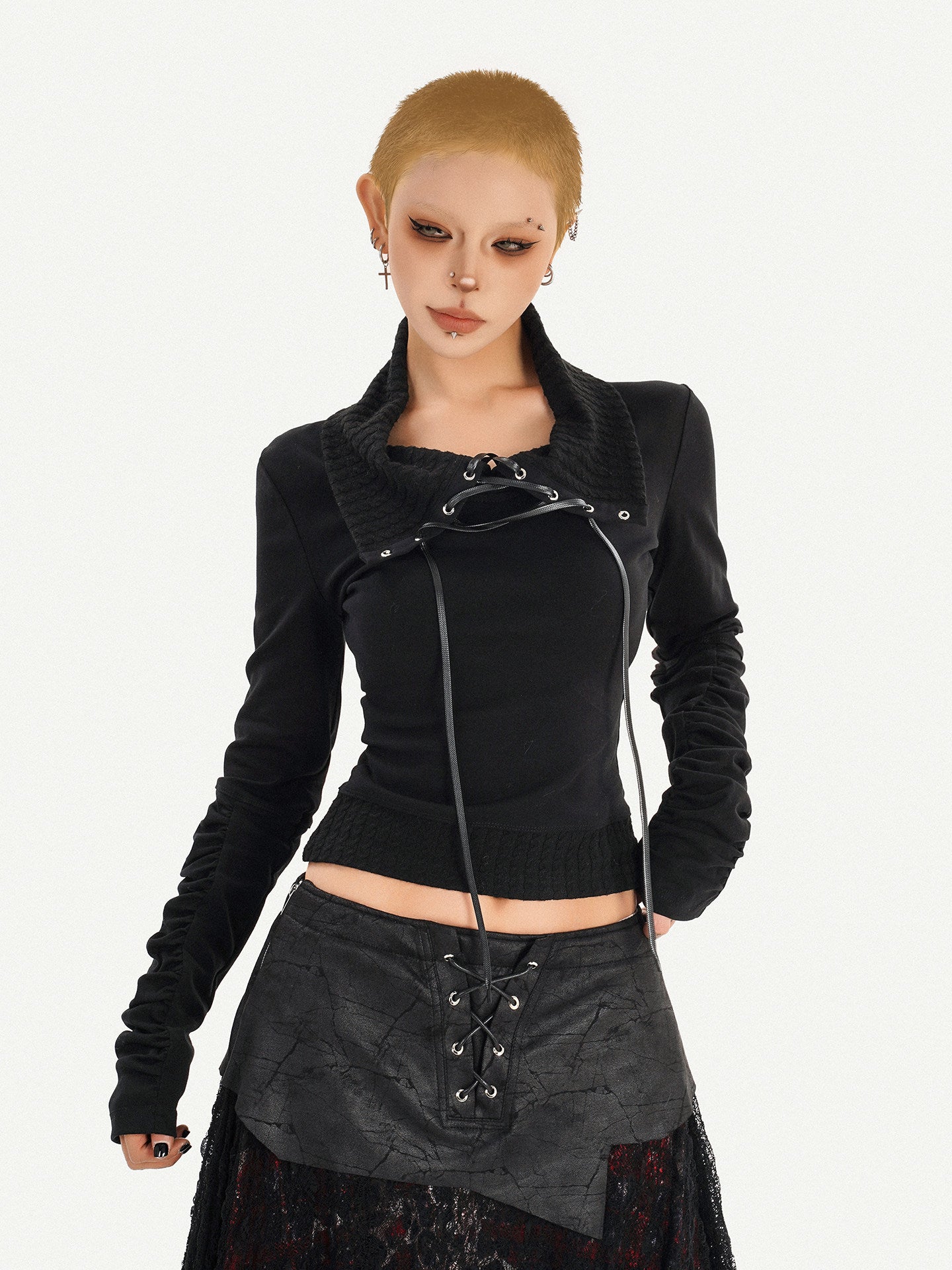 Lace Patchwork Tie Long Knit Long Sleeve T-Shirt NA8591