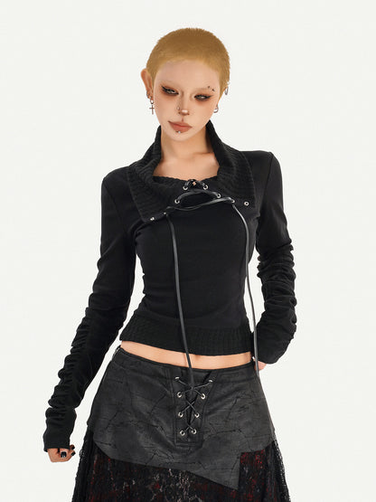 Lace Patchwork Tie Long Knit Long Sleeve T-Shirt NA8591