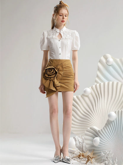 Floral Pleated Stand Neck Short Sleeve Blouse  NA5468