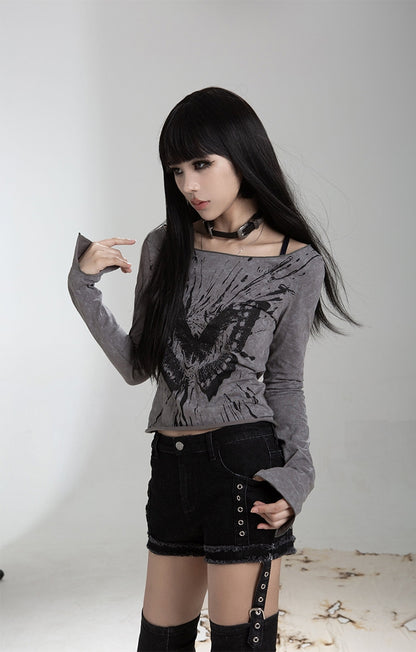 Butterfly Ink Print Long Sleeve T-Shirt NA6120