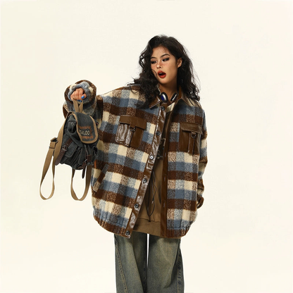 PU Leather Mix Woolen Plaid Jacket NA1822