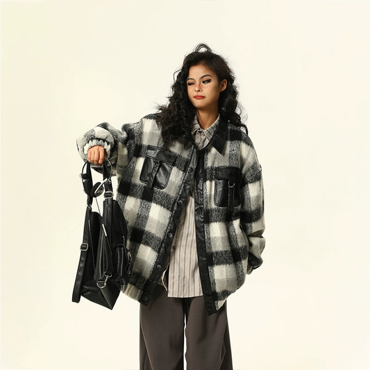 PU Leather Mix Woolen Plaid Jacket NA1822