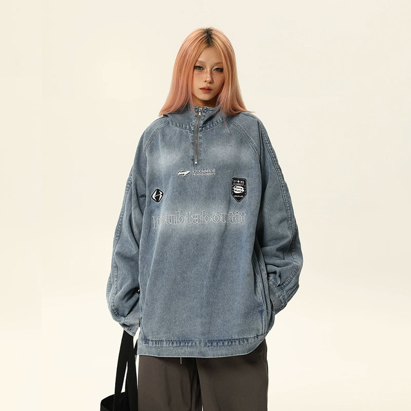 Raglan-sleeve Hooded Denim Hoodie NA1784