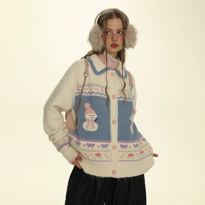 Soft Jacquard Hand Embroidered  Snowman Knit Cardigan ＆ Scarf Set NA1597