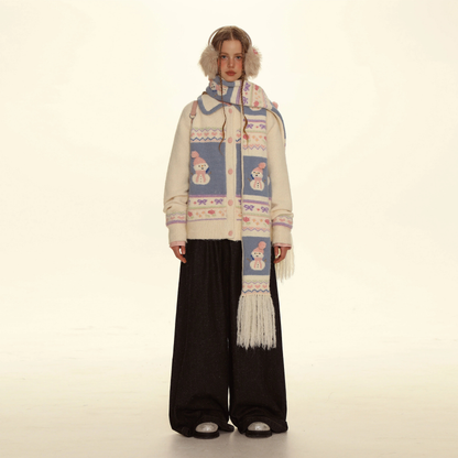 Soft Jacquard Hand Embroidered  Snowman Knit Cardigan ＆ Scarf Set NA1597