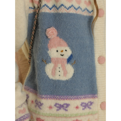 Soft Jacquard Hand Embroidered  Snowman Knit Cardigan ＆ Scarf Set NA1597