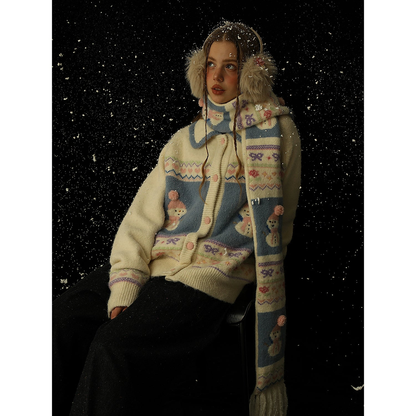 Soft Jacquard Hand Embroidered  Snowman Knit Cardigan ＆ Scarf Set NA1597