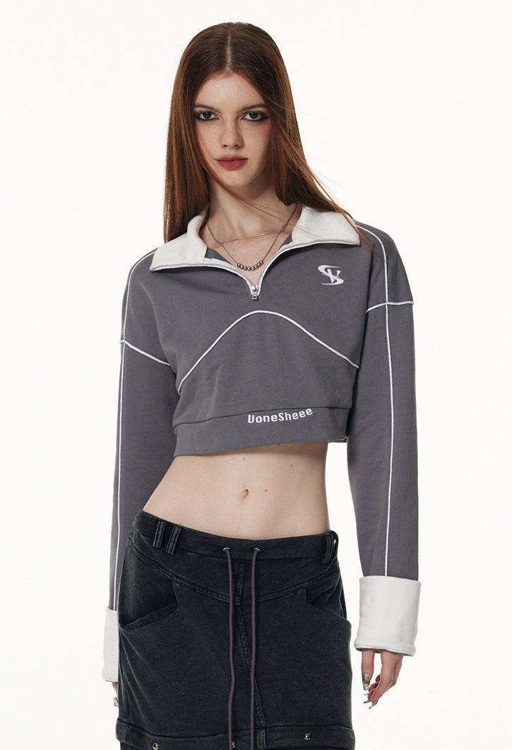 Sporty Lapel Zipper Short Sweater  WNW1501