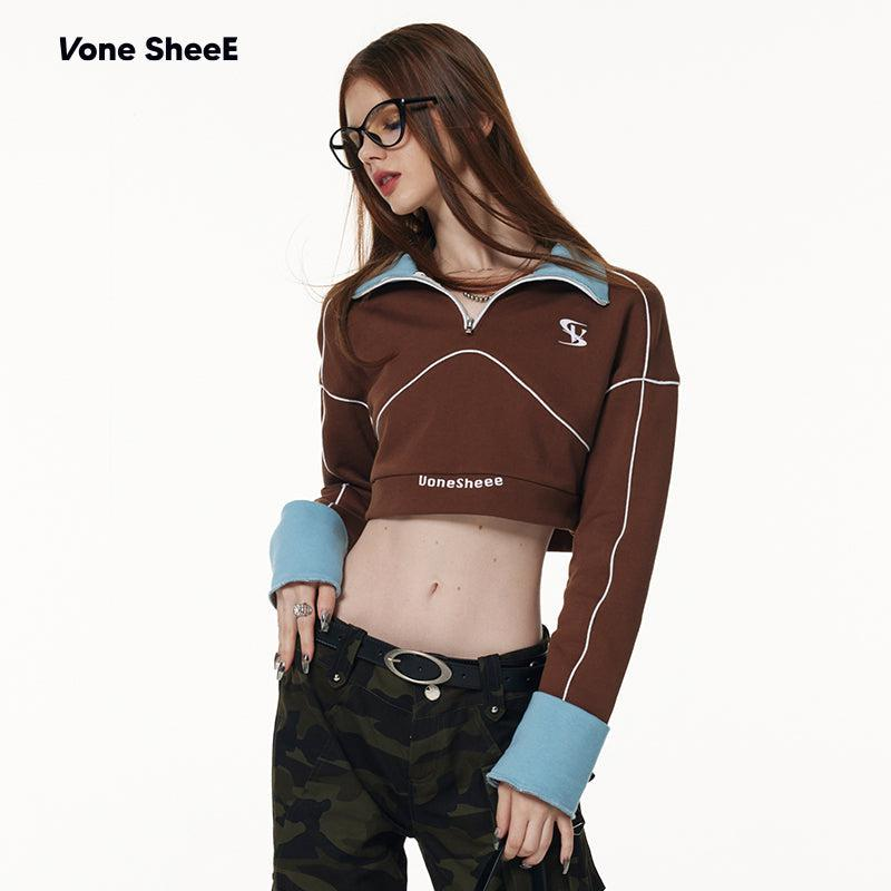 Sporty Lapel Zipper Short Sweater WNW1501