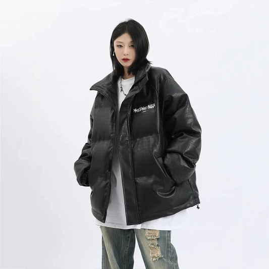 Stand-up Collar Crocodile Pattern PU Leather Puffer Jacket NA1762