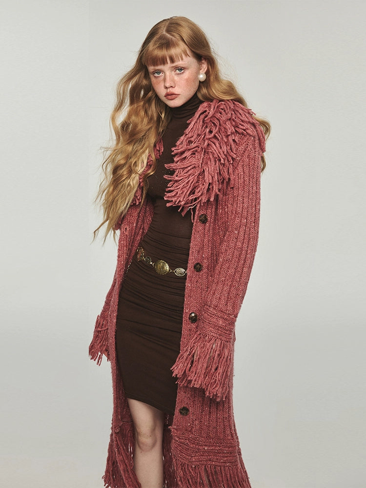 Tassel Knitted Warm Straight Leg Long Over Knee Coat NA1569