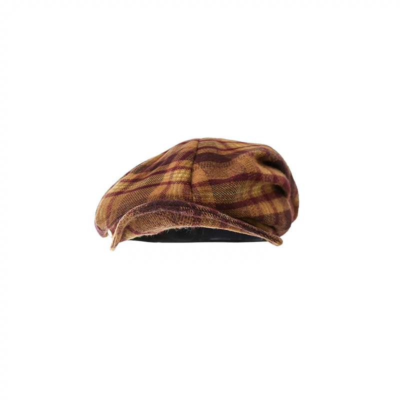 Vintage Plaid British Beret Woolen Octagonal Hat NA1585