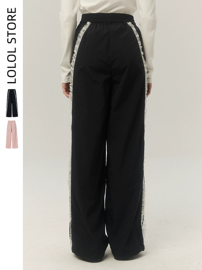 Wide-leg Lace Design Elastic Waist Straight-leg Pants NA1694