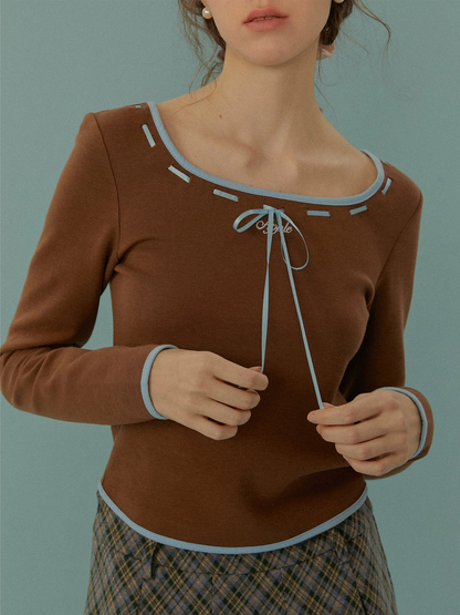 Wool Blend Ribbon Embroidered Long-sleeve T-shirt NA1513