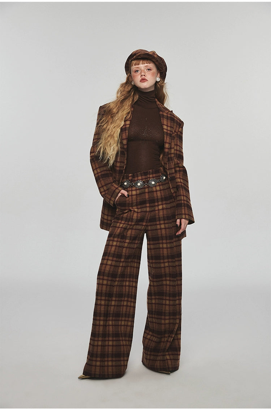 Woolen Plaid American Straight Casual Wide Leg Pants NA1570