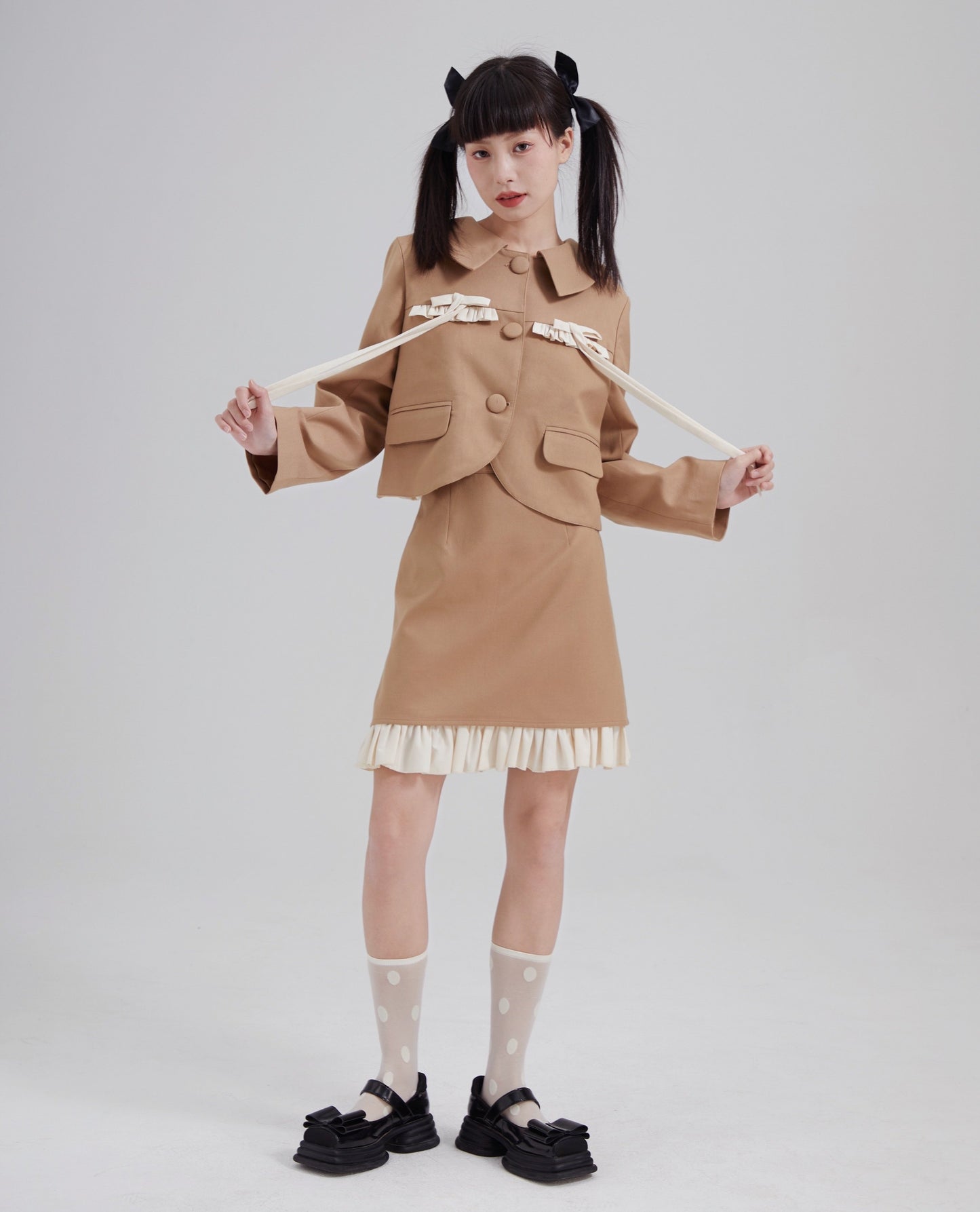 Double-Breasted Cropped Jacket & Ruffle Hem Skirt Setup NA8820